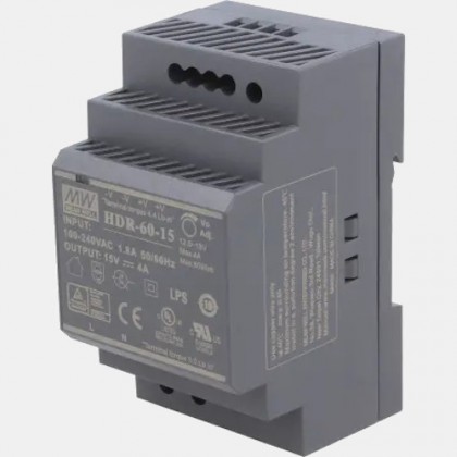 Zasilacz impulsowy HDR-60-15 na szynę Mean Well 60W 230VAC 15VDC